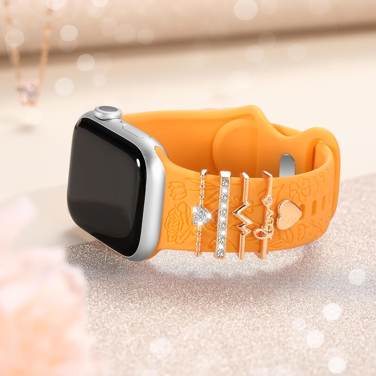Flower Engraved Band Compatible with Apple Watch Bands for Women 40Mm 38Mm 41Mm 42Mm, Soft Silicone Strap with Dressy Decorative Apple Watch Charms for Iwatch Series 11 10 9 8 7 6 5 4 3 2 1 SE