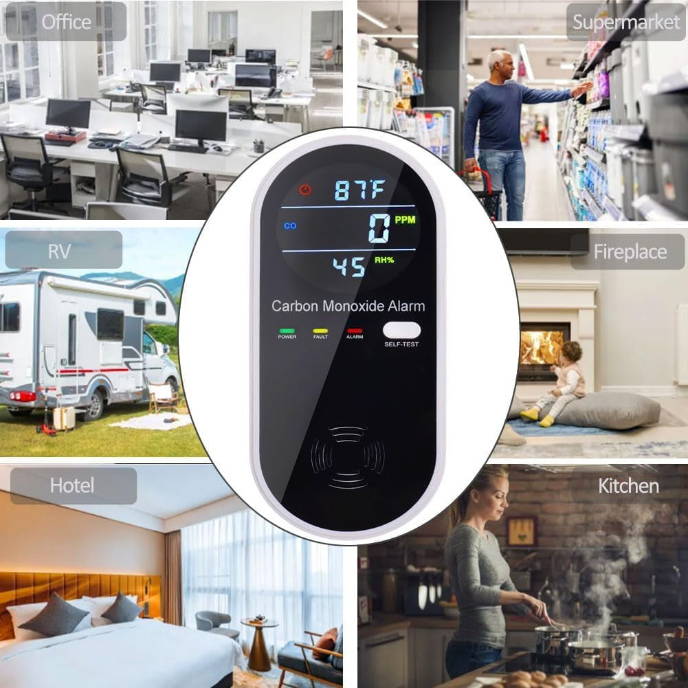Carbon Monoxide Detector Plug in Wall,  Portable Carbon Monoxide Detector for Travel, 3-In-1 CO Detector for Home and Travel Camping(Co Gas Meter Temperature Humidity Sensor), KH106, Black