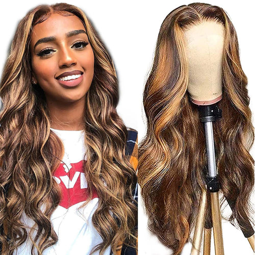 20 Inch Highlight Ombre 13X4 HD Lace Front Wig Human Hair Transparent 4/27 Honey Blonde Lace Frontal Wigs with Baby Hair 180% Density Colored Body Wave Lace Front Wig Human Hair for Women