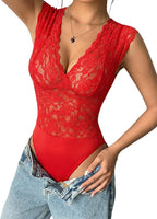Lace Bodysuits for Women Sexy V Neck Sheer Bodysuit Tops Snap Crotch One Piece Teddy