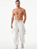 Mens Loose Fit Drawstring Y2K Baggy Parachute Cargo Pants | Harem Joggers, Utility Flap, Deep Side Pockets, Elastic Waistband, Adjustable Hem, Streetwear, Casual Wear, Outdoor Hiking