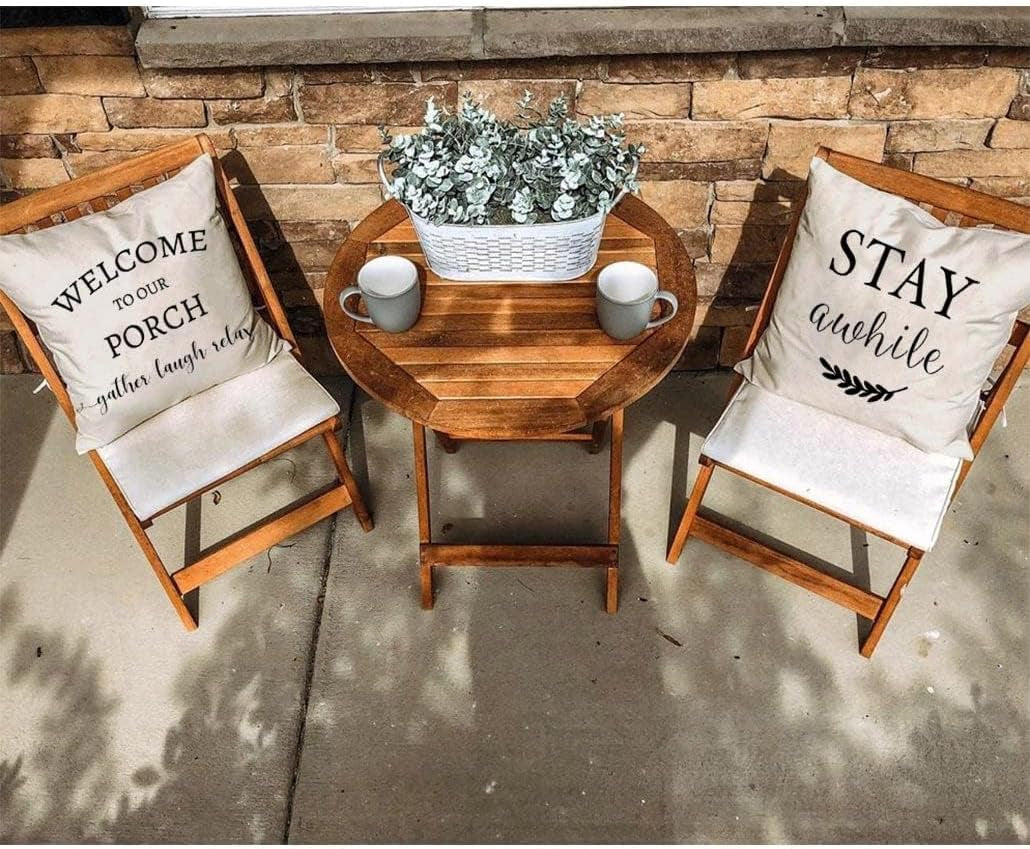 Outdoor Throw Pillow Covers 16X16 Inch Set of 2, Cream | Stay Awhile Welcome to Our Porch Decor, Farmhouse Decorative Throw Pillows Cases for Home Front Porch Patio Decorations