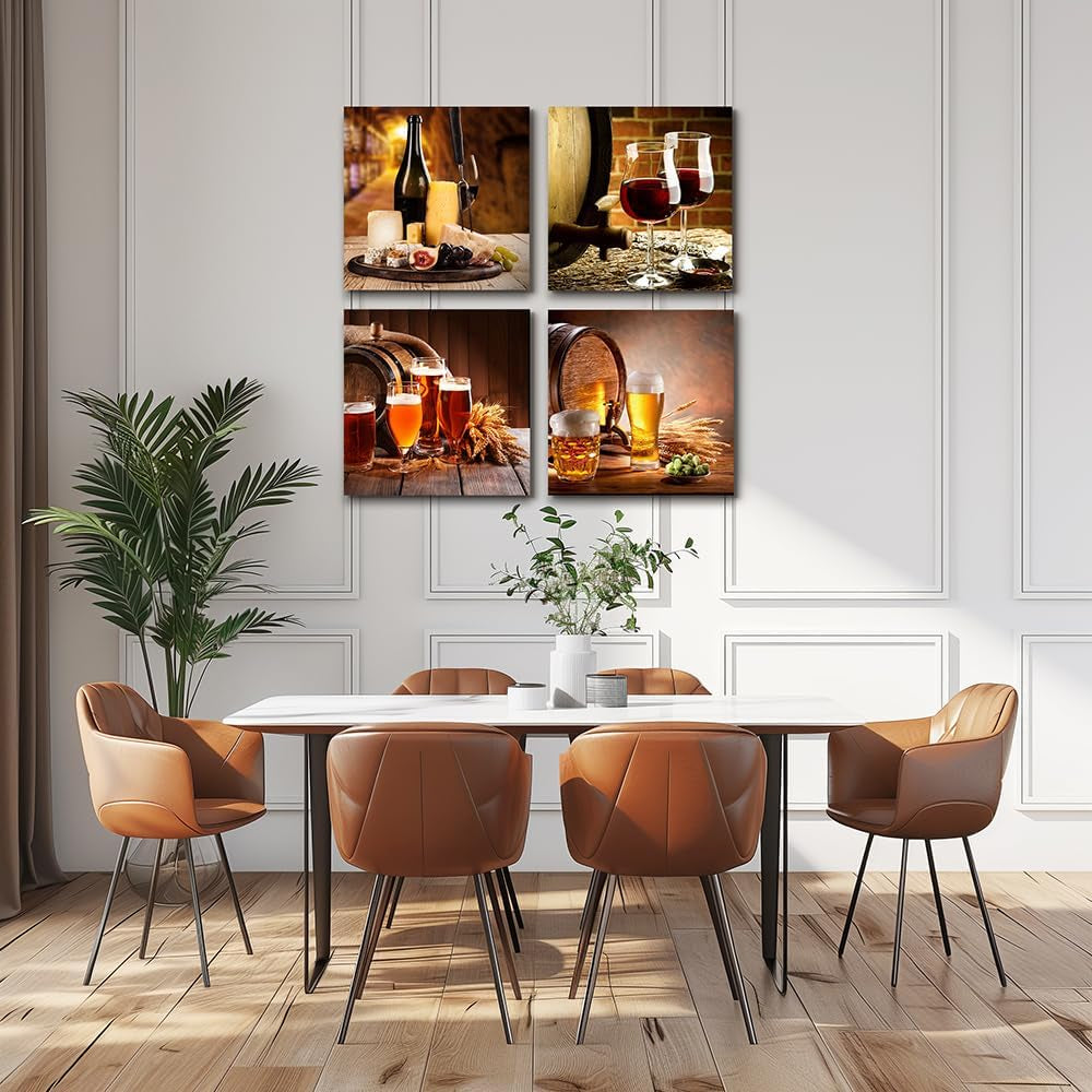 Kitchen Wall Decor Restoring Ancient Ways Still Life Wine Glass Wine Barrel Canvas Prints Wall Art for Dining Room Bar Home Decorations 16X16 Inch/4 Piece Restaurant Posters Decor Artwork Home Decor