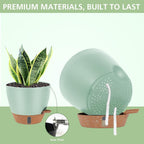 Self Watering Pots with Water Level Indicator, 12" 10" 9" 8" Large Plastic Flower Pots with Mesh Drainage Hole and Removable Saucer Reservoir for Indoor Outdoor Plants (Green)