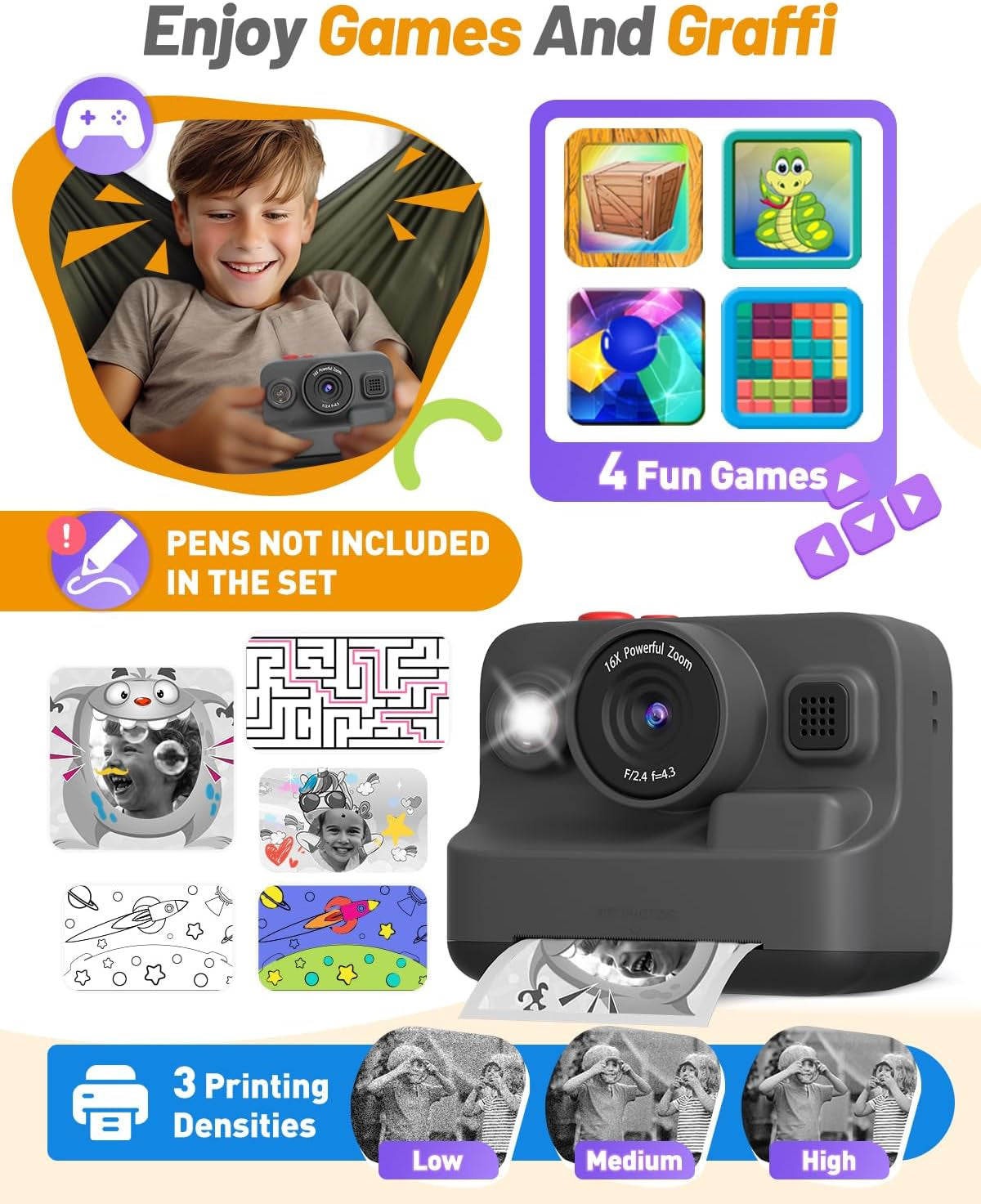 Kids Camera Instant Print,2.4In Screen 1080P Kids Digital Camera Toys with 3 Rolls Print Paper 32G Card + 10 Rolls Print Paper