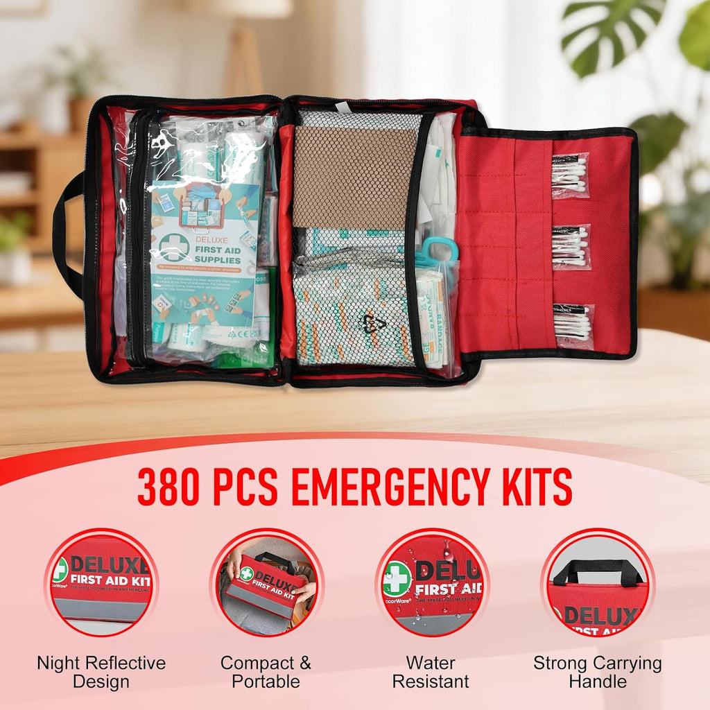 380 Pieces Deluxe First Aid Kit Compact Trauma Medical Kits with Assorted Bandages, Instant Cold Pack, Emergency Blanket for Home, Travel, Camping, Vehicle, Emergency Kits(Red)