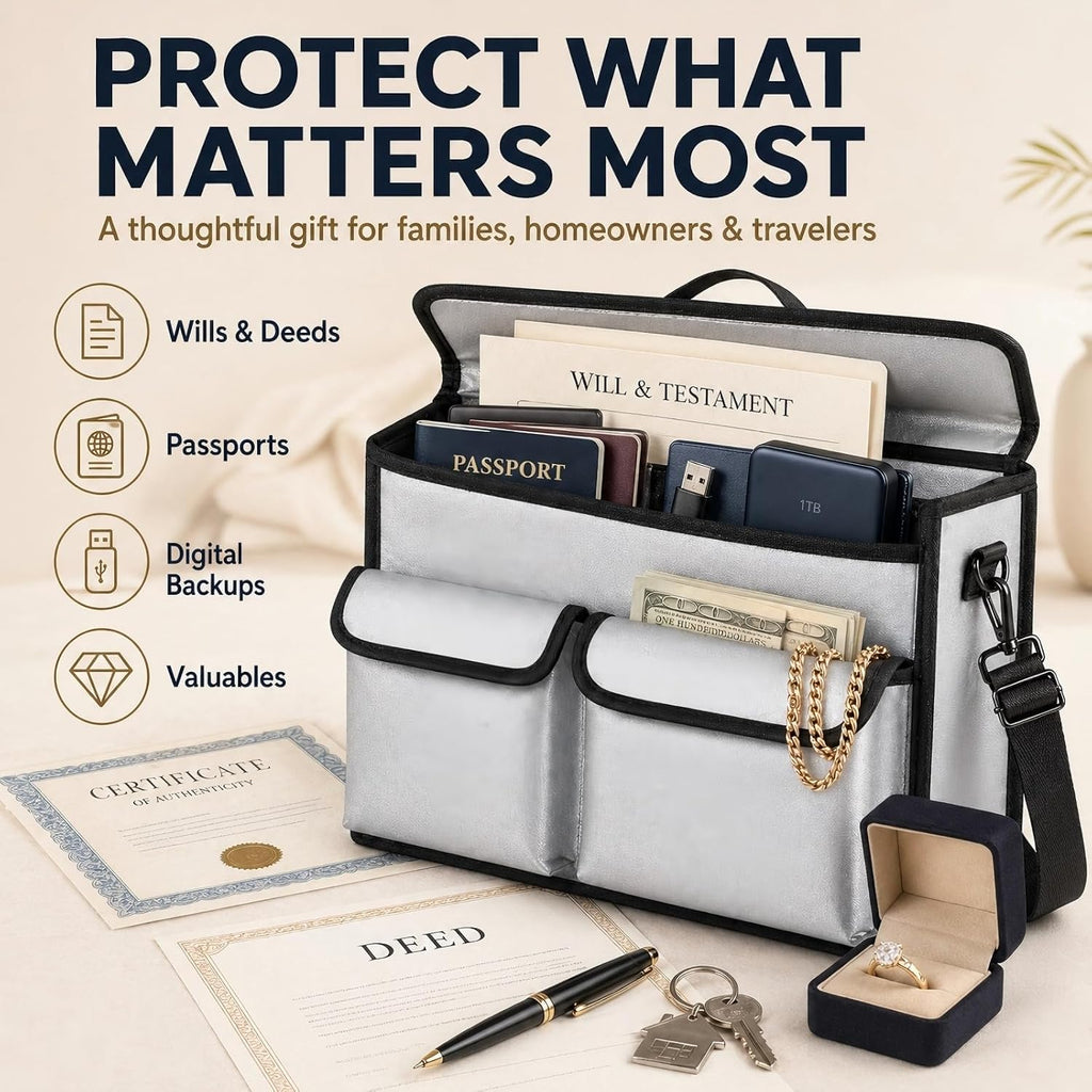 Fireproof Document Bag 17 X 11 in with File Organizer Box | UL94 VTM-0 Certified, Silicone-Coated Fiberglass, 2 Dividers, Grab-And-Go Emergency Storage, Important Document Case for Home