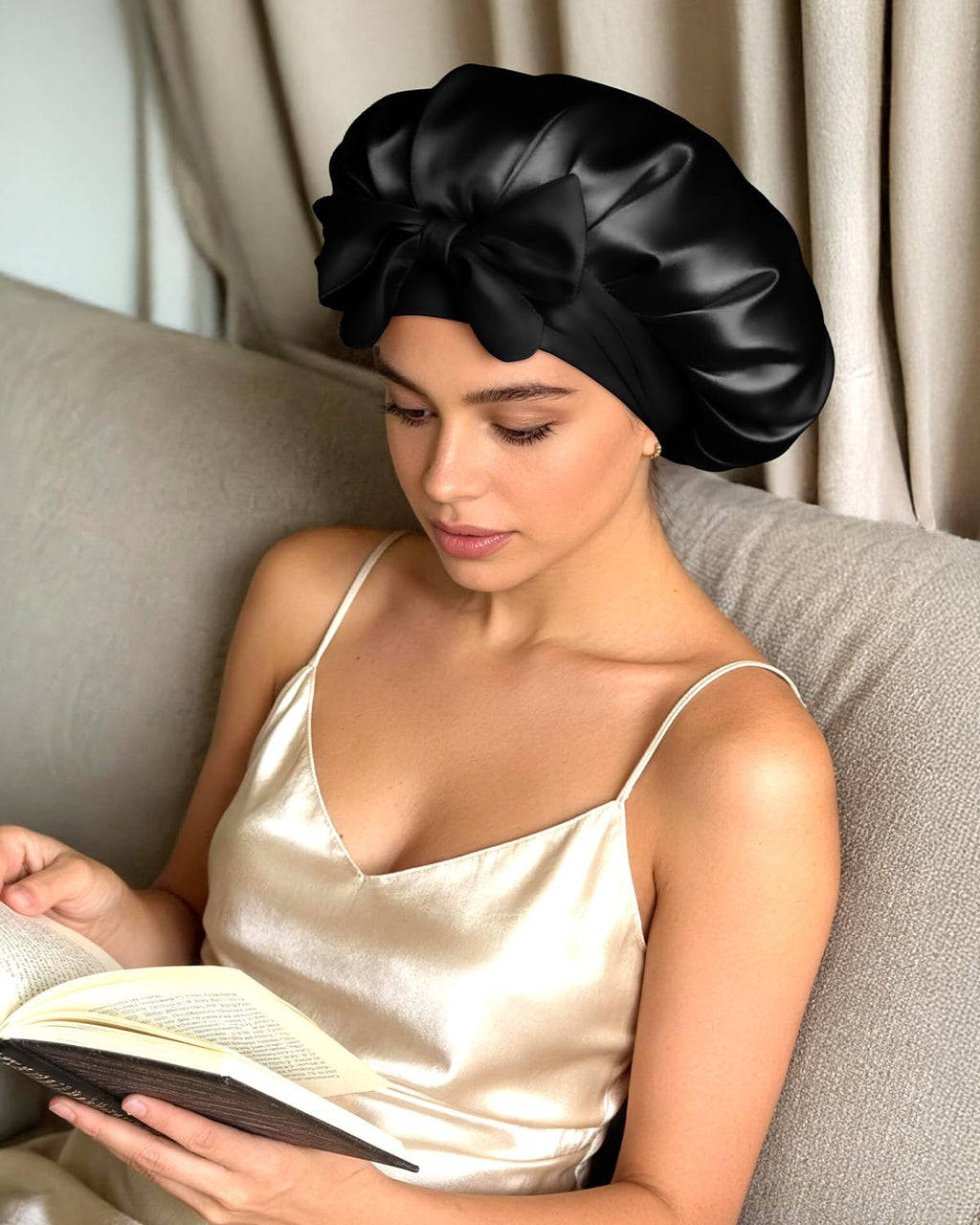 Double Layer Silk Bonnet for Sleeping for Women Satin Lined Bonnet Night Cap for Curly Hair with Tie Band,Black