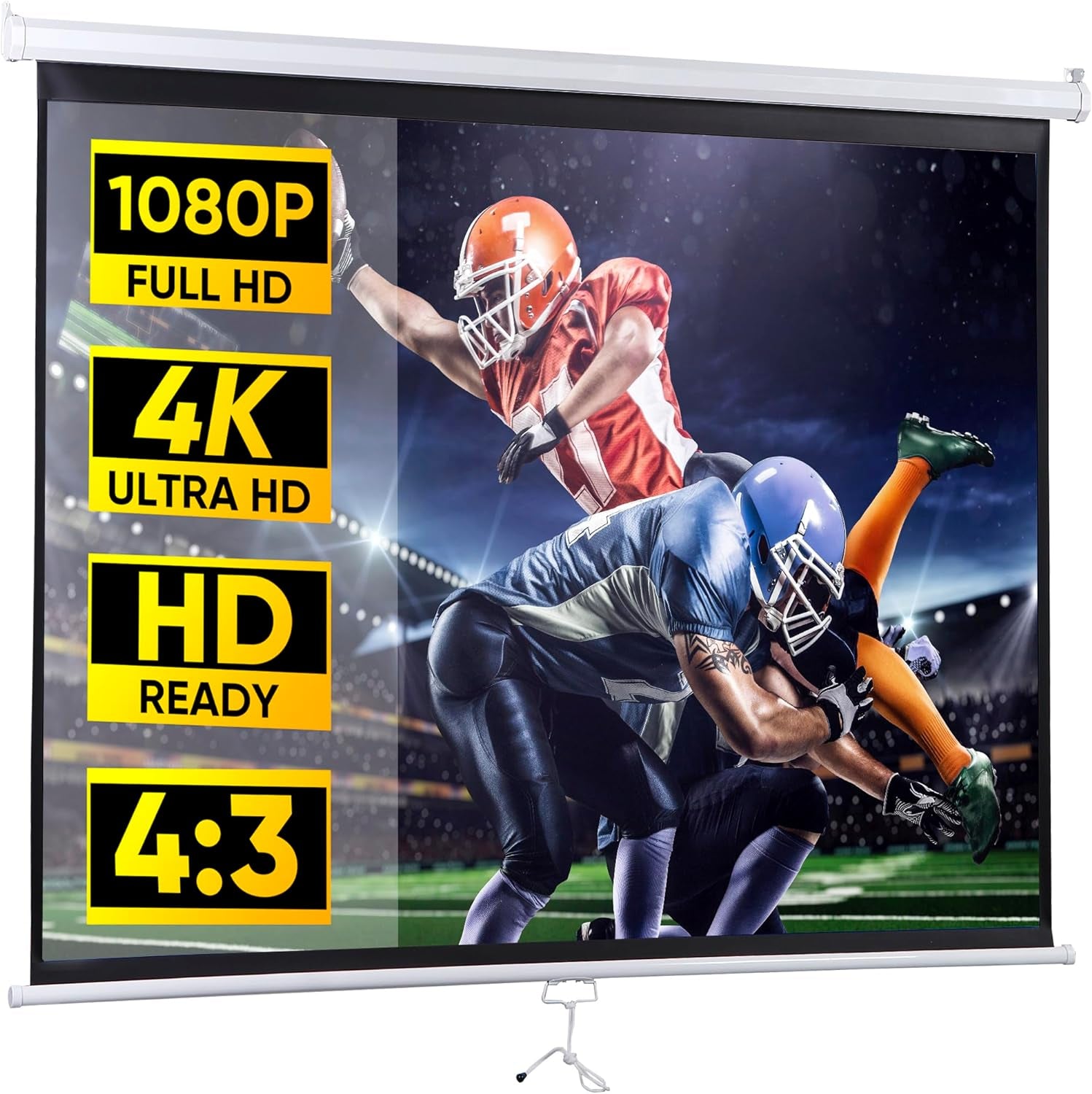 Portable Projector Screen Pull Down, 72 Inch 4:3 Video Projection Screen Home Theater, Retractable Projector Screen White, Indoor Outdoor Moive Screen, Wall/Ceiling Mount (72'' 4:3)