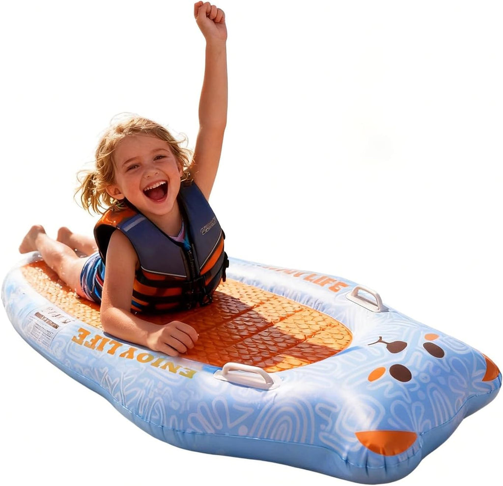 Inflatable Boogie Board for Kids, Penguin Surfboard with Built-In Press Pump, 27.5" Wide Anti-Flip Pool Float, Beach Swim Board with Dual Handles.
