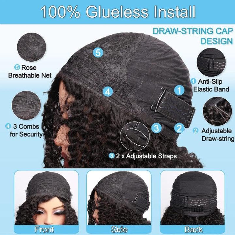 Kinky Curly Half Wigs Human Hair 180 Density 3 in 1 Seamless Flip over Half Wigs Afro Kinky Burmese Curly Deep Water Wave Glueless Wear and Go Wig Drawstring Headband Ponytail Wig for Women 14 Inch