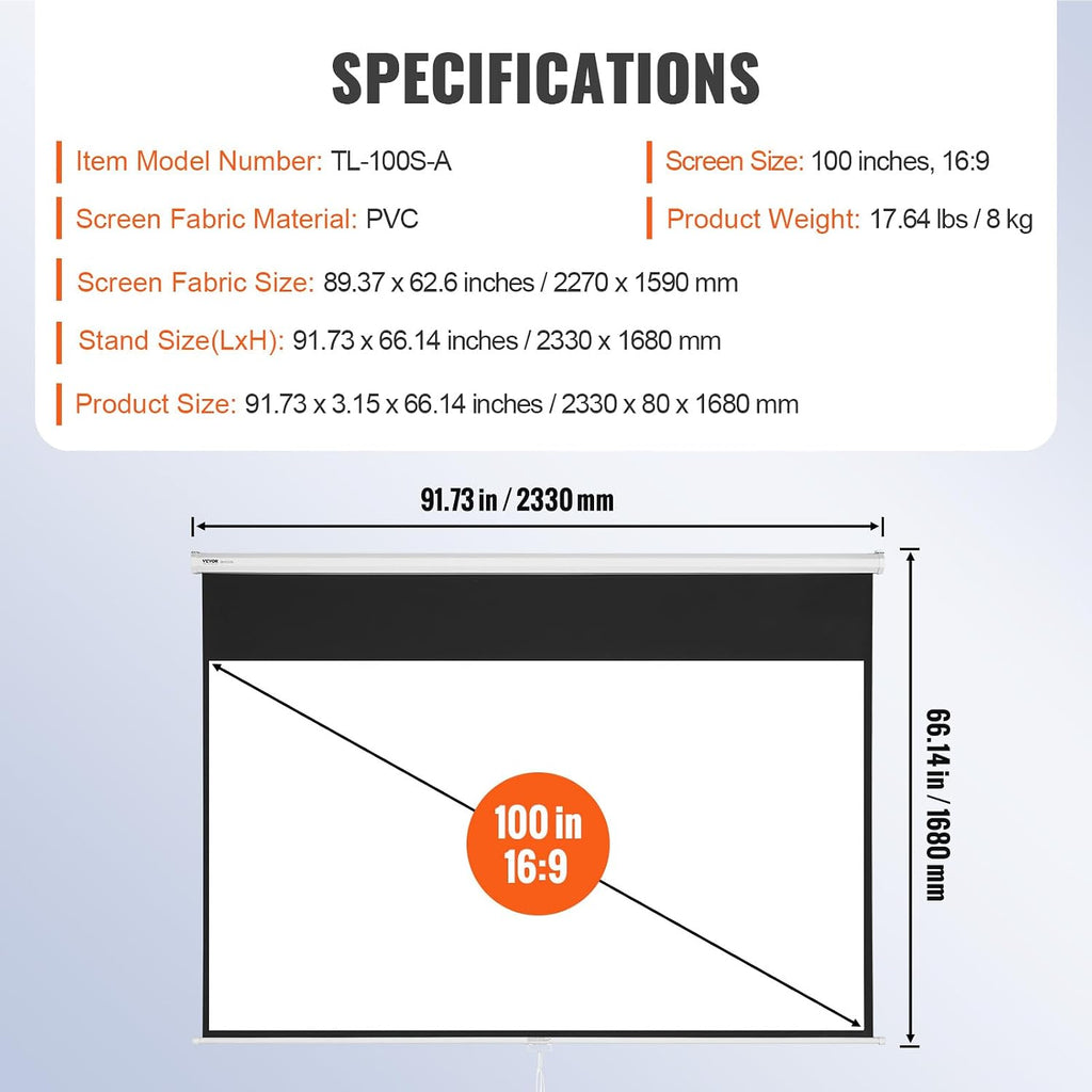 Projector Screen, 100 Inch Manual Pull down Projector Screen, 16:9 4K 1080 HD Projector Screen, Auto-Locking Portable Projection Screen, Projector Screen for Family Home Office Theater