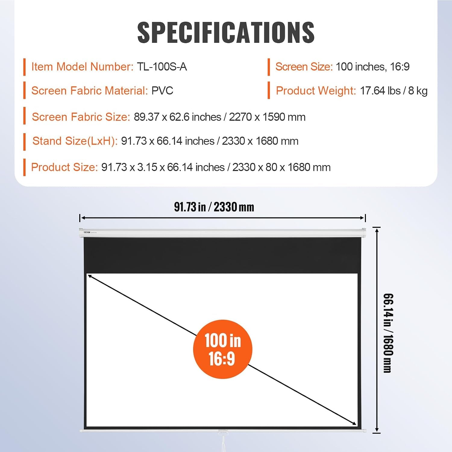 Projector Screen, 100 Inch Manual Pull down Projector Screen, 16:9 4K 1080 HD Projector Screen, Auto-Locking Portable Projection Screen, Projector Screen for Family Home Office Theater