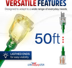 50Ft Outdoor/Indoor Extension Cord 12/3 Gauge Extra Heavy Duty 3 Prong SJTW, Waterproof, Flexible Cold-Resistant Long Power Cord,15A 125V 1875W, Green by