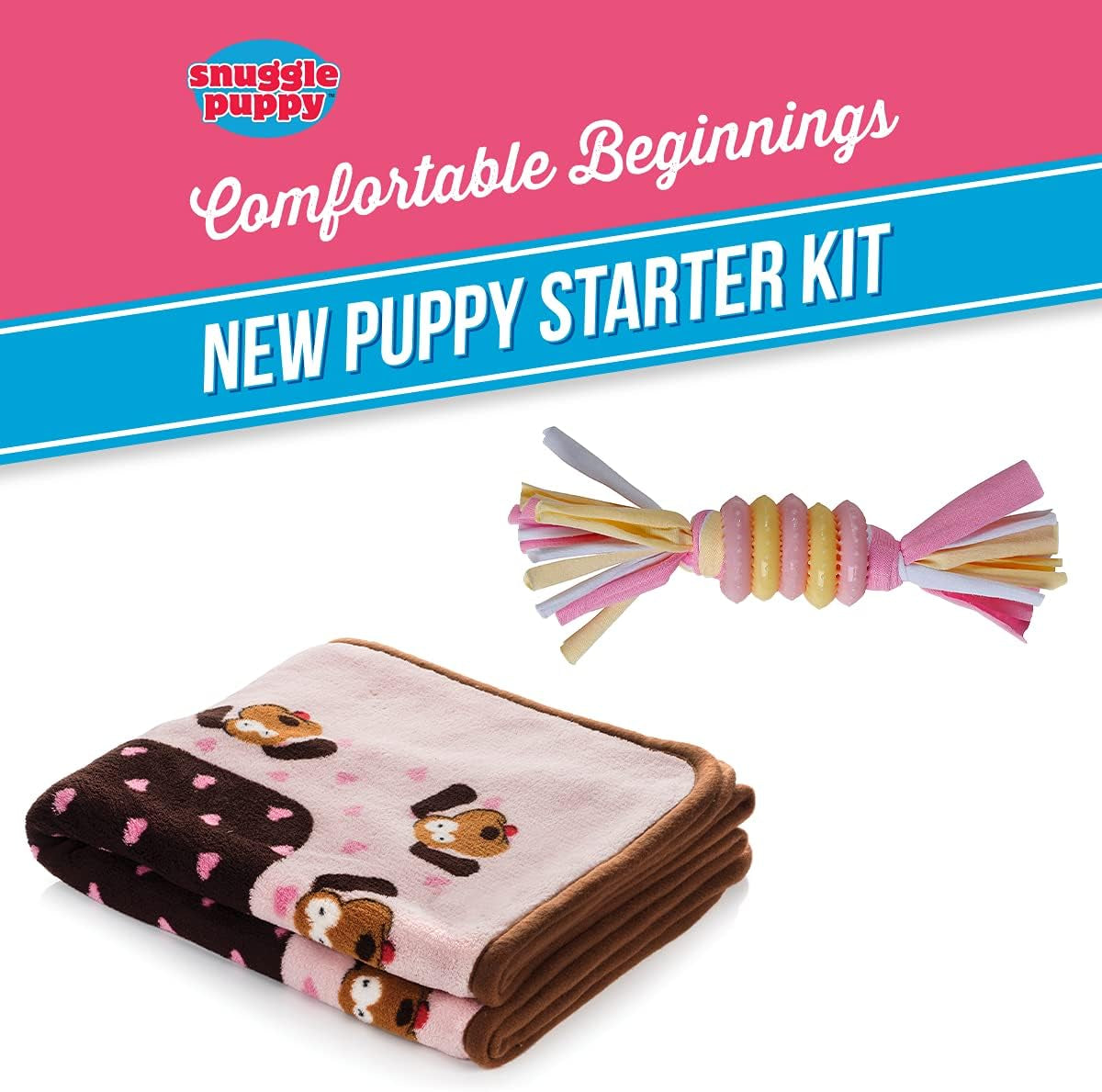 Snuggle Puppy Essentials Starter Kit, Heartbeat Toy & Blanket, Pink, Calming Comfort Toy, Puppy Blanket, Teething Toy, 3 Heat Packs, New Puppy Essentials for First Nights and Crate Training