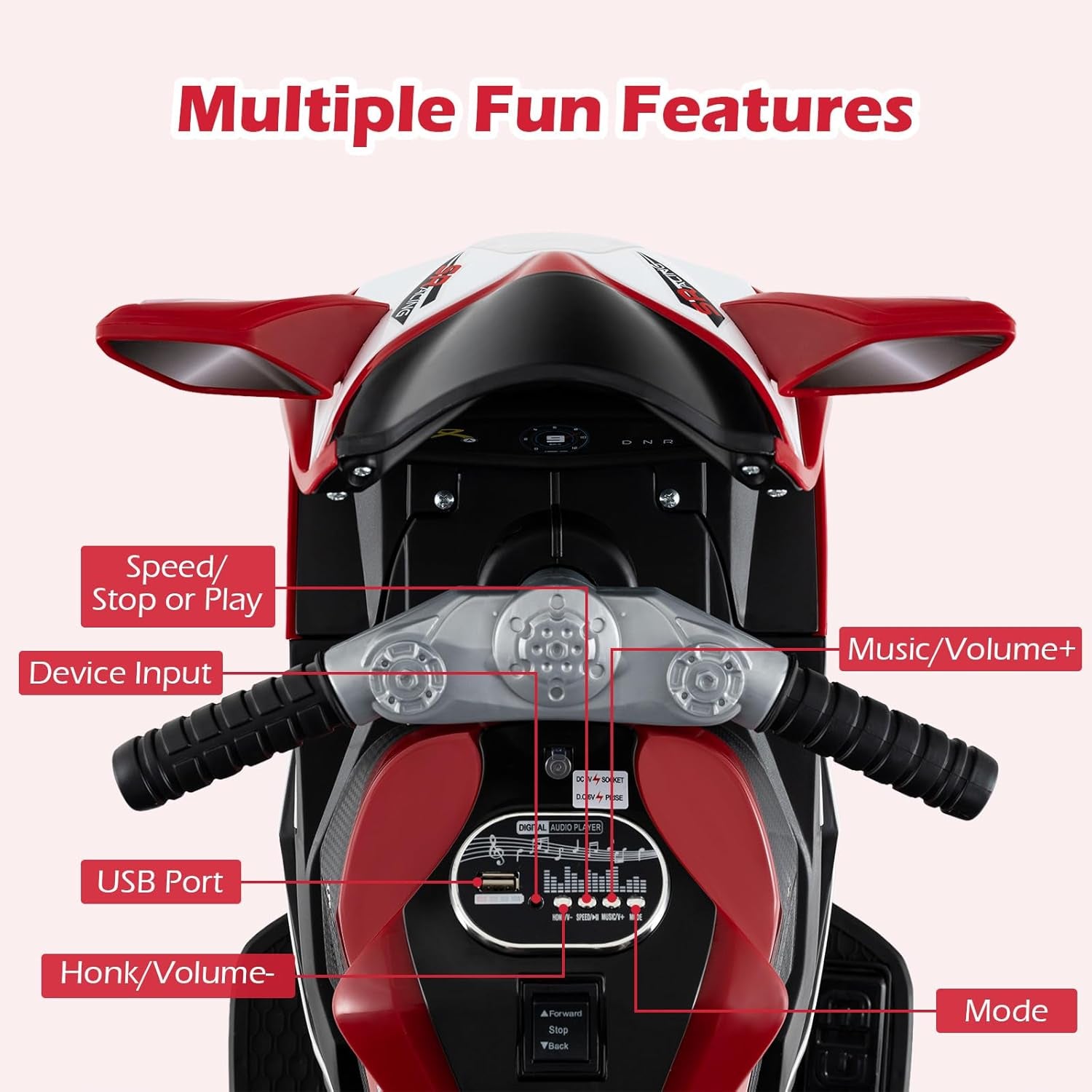 6V Kids Motorcycle with Forward & Reverse Switch, Headlight, Wheel Lights, Horn, Music, USB Port, 3-Wheel Ride on Toy for Toddler Aged 3+ (Red)