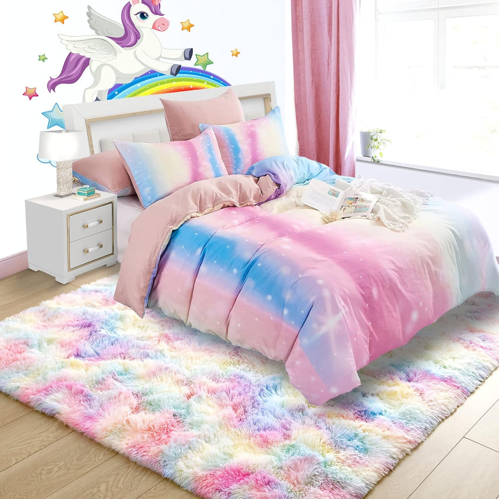 4X6 Rainbow Fluffy Soft Area Rug Non-Slip for Kids Bedroom Nursery Playroom | Plush丨Stays Put丨Soft丨Fluffy丨No Shedding丨Lays Flat丨Girls Room丨Dorm丨Indoor丨Laundry丨Shag丨Fuzzy丨Furry丨Carpet丨Home Decor
