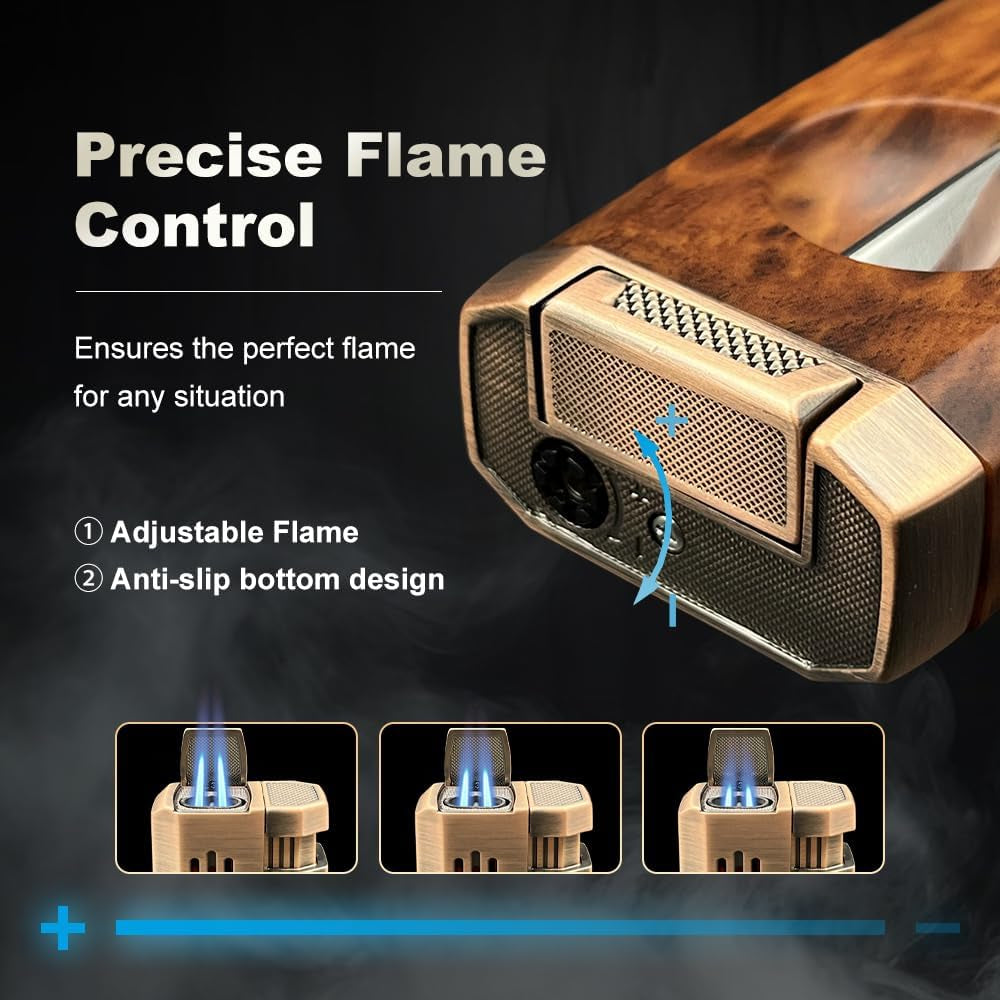 All-In-One Windproof Outdoor Lighter with Dual Jet Flame Built-In Cutter, Butane Refillable and Flames Adjustable, Visible Gas Tank, Portable for Travel, Candle Lovers, Box Included