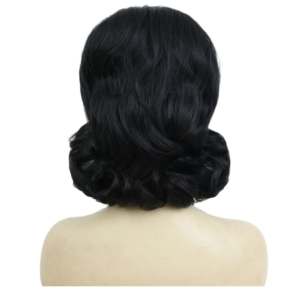 Black Vintage Curly Cosplay Wigs for Women Bouffant Beehive 50S 60S Retro Costume Hair Wig with Bangs for Halloween Party Use