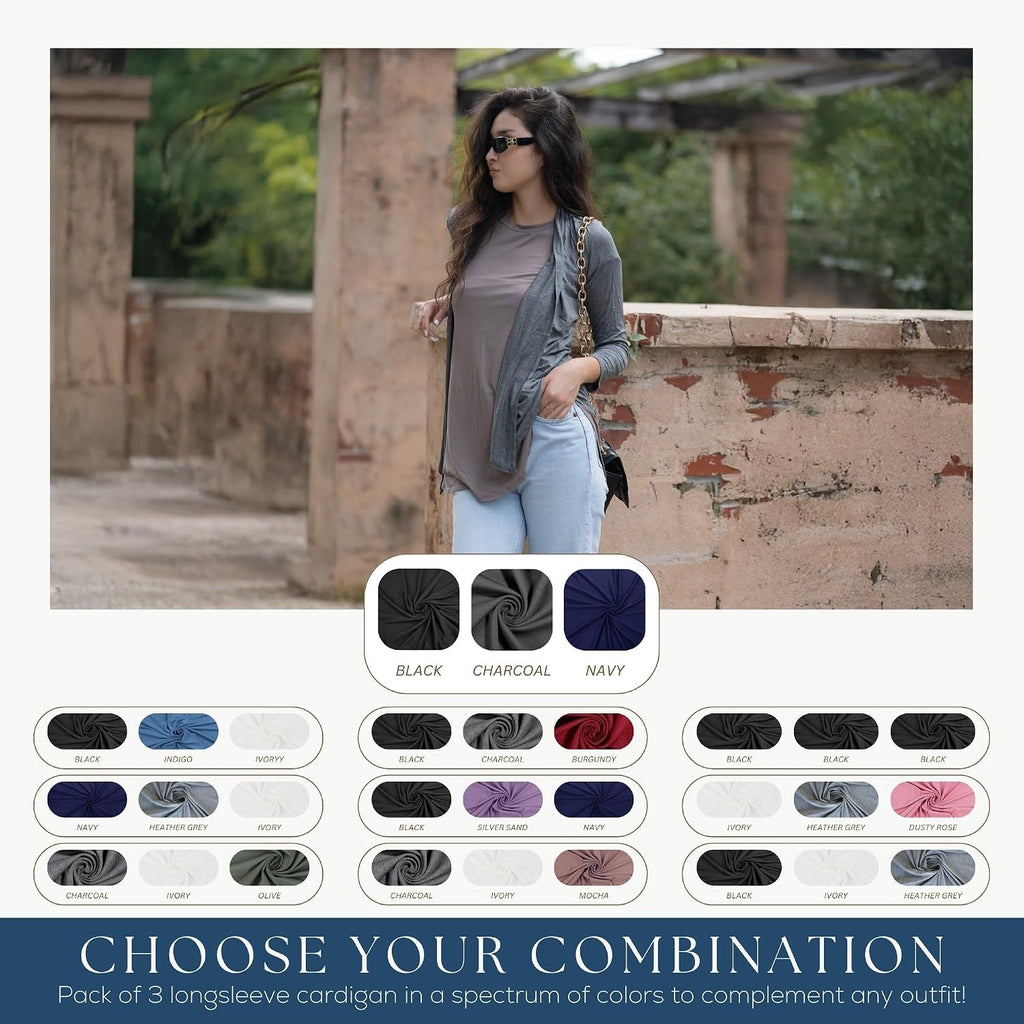 Long Sleeve Womens Cardigan, Thin Lightweight Rayon Sweater Light Cardigans for Women - 3 Pack