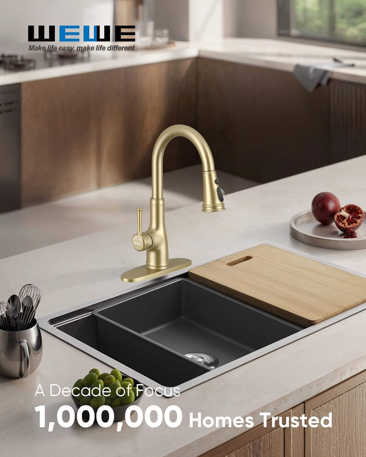 Vintage Kitchen Faucet, Pull-Down Sprayer, Brushed Gold, High Arc | 3 Modes Sprayer, 360 Swivel, Deck Plate, SUS304, Fits 1- or 3-Hole Sinks, 20-Inch Hose, Ceramic Cartridge, Lead-Free