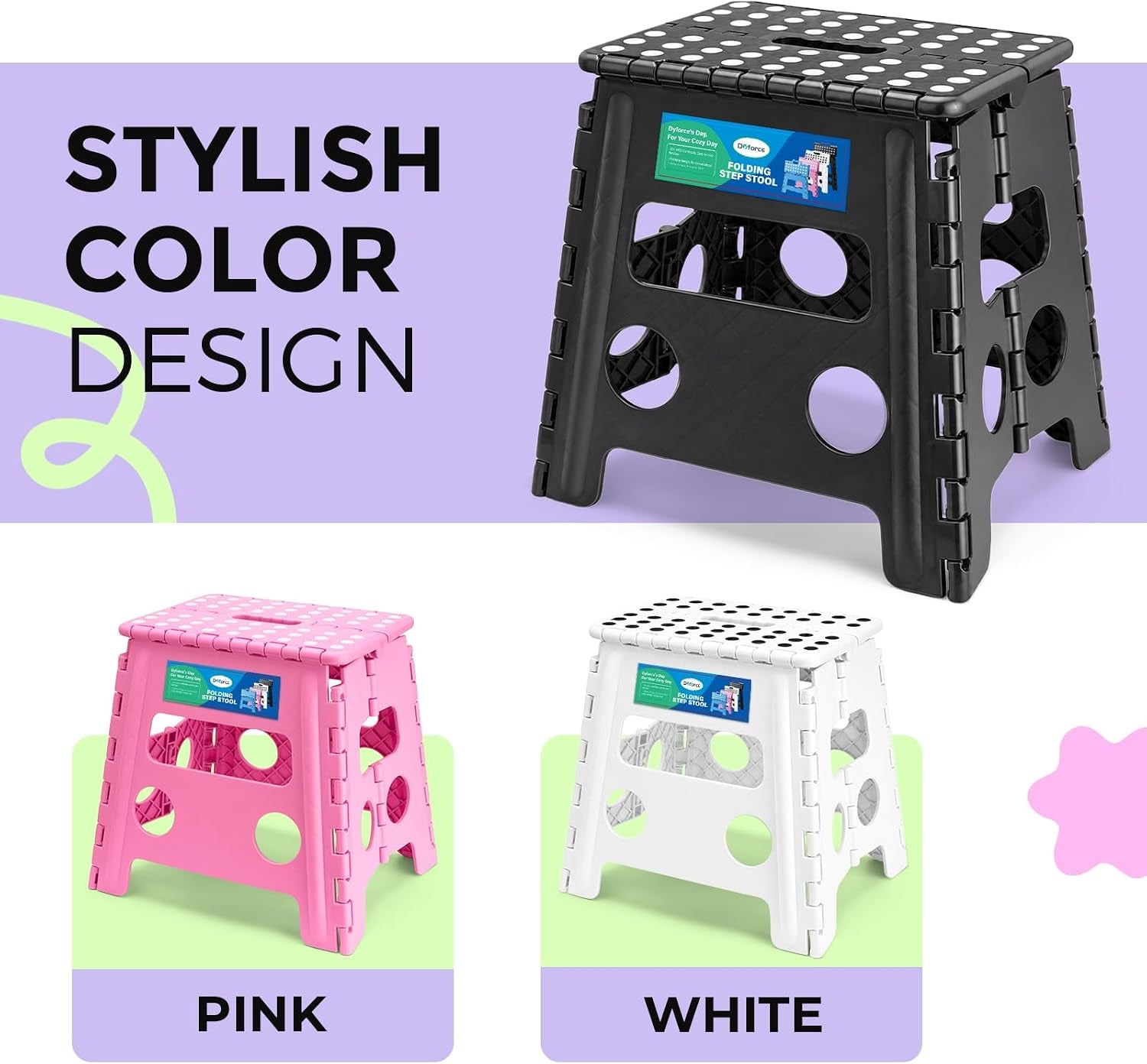 Folding Step Stool 13 Inch,300Lbs Foldable Stool for Adults & Kids | Stepping Stool Black,Non-Slip Plastic Compact Foot Stool with Carry Handle,Lightweight for Bathroom Kitchen Bedroom Garden
