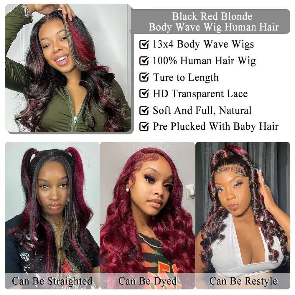 Black Red Blonde Highlight Wig Human Hair 13X4 Lace Front Wigs Human Hair Pre Plucked 180% Density Body Wave HD Lace Frontal Wig Blonde Red Highlight Glueless Colored Human Hair Wig for Women 26 Inch