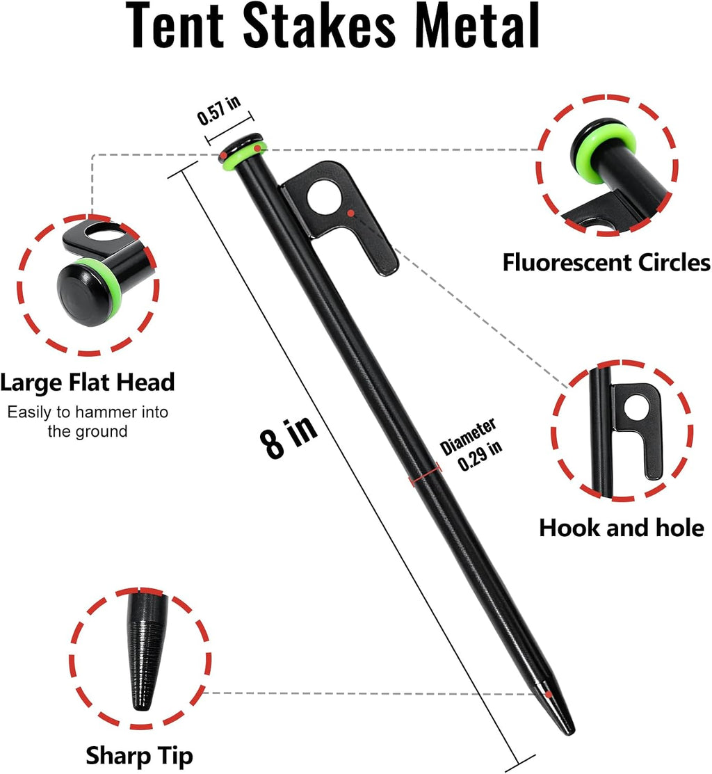 12 Pack Tent Stakes Heavy Duty Tent Stakes with Camping Hammers | Tent Accessories Carbon Steel Construction for Outdoor Camping, Hiking, Lawn Construction, Survival