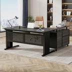 63 Inch Executive Desk with File Cabinet, Large Office Desk L Shaped Computer Desk with Drawers and Storage Shelves, Business Furniture Desk Workstation for Home Office, Gray and Black