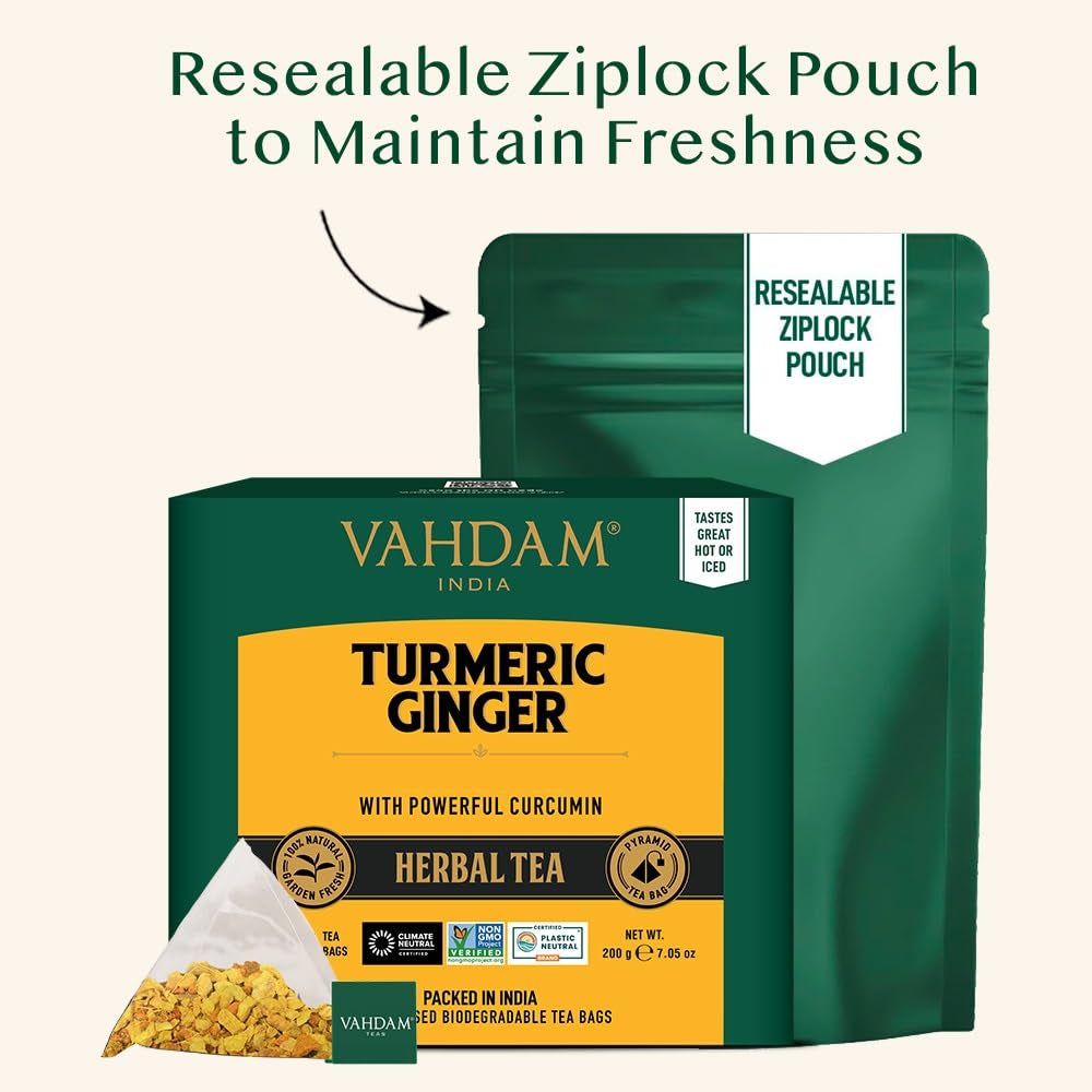 , Turmeric Ginger Herbal Tea Bags (100 Pyramid Tea Bags) Caffeine Free, Non GMO, Gluten Free | 100% Pure Herbal Blend - Savory & Spicy | Whole Loose Leaf Tea Bags