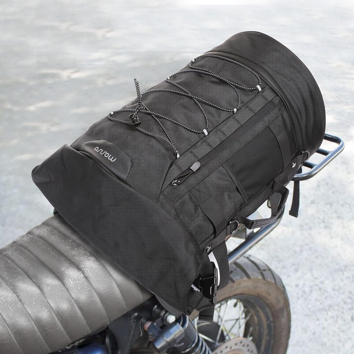 Motorcycle Sissy Bar Backrest Bag Travel Luggage Bag, Large Capacity Duffle Bags Expandable 30L-48L, Motorcycle Gear Tail Bags with Rain Cover&Shoulder Strap, Black