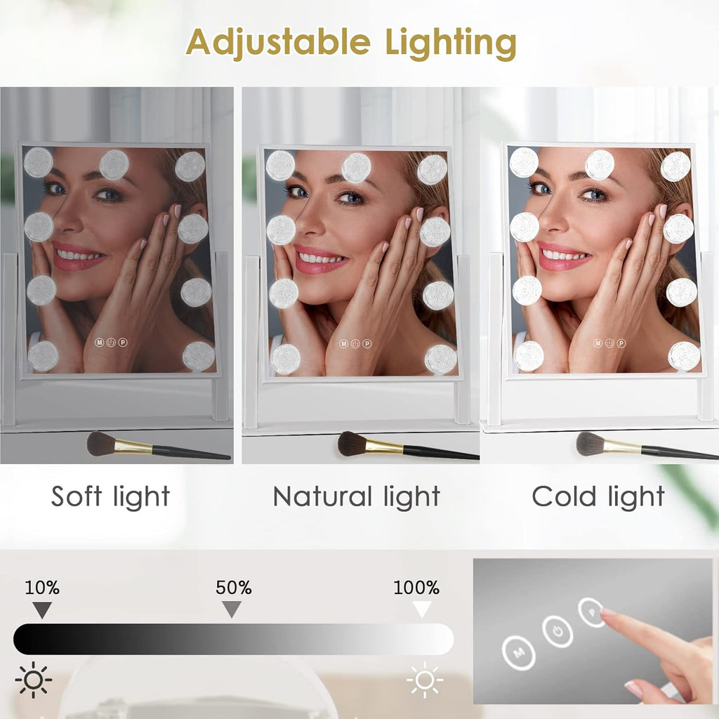 Vanity Mirror with Lights, Makeup Mirror with 9 LED Diamond Bulbs | Hollywood Mirror Touch Control Design 3 Colors Dimmable Bulbs Detachable 10X Magnification 360°Rotation