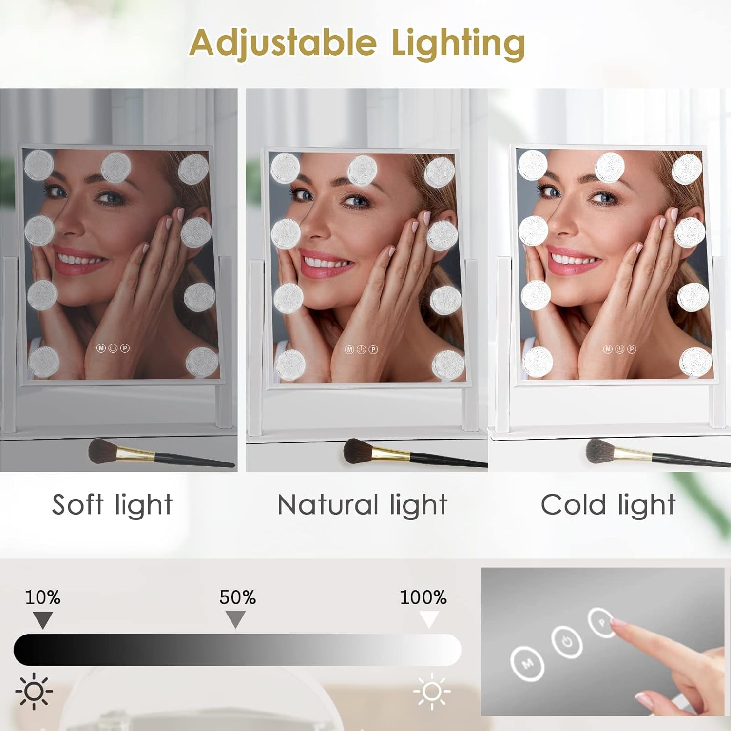Vanity Mirror with Lights, Makeup Mirror with 9 LED Diamond Bulbs | Hollywood Mirror Touch Control Design 3 Colors Dimmable Bulbs Detachable 10X Magnification 360°Rotation