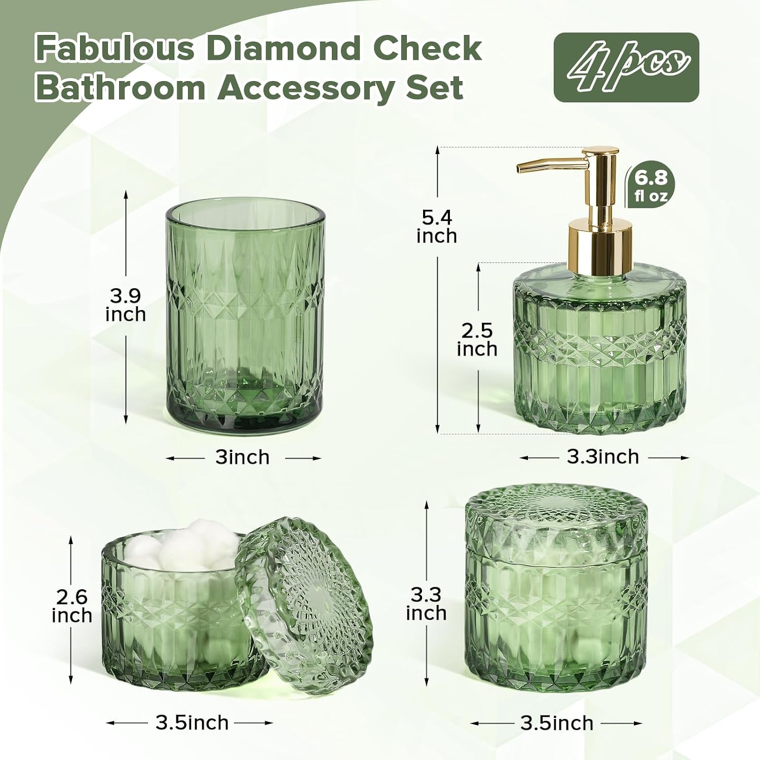 Green Bathroom Accessories Set, 4Pcs Green Bathroom Decor Accessory Sets Complete, Glass Soap Dispenser and Toothbrush Holder Set for Vintage Bathroom Countertop