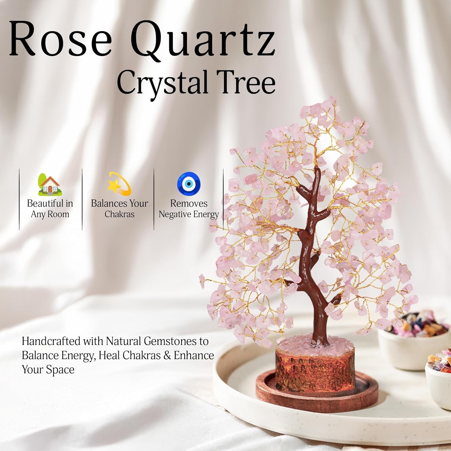 Rose Quartz Tree | Crystal Gem Tree | Meditation Crystals | Boho Home Decor | Boho Room Decor | Birthday Gifts for Wife | Friendship Gifts for Women | 10 Inch