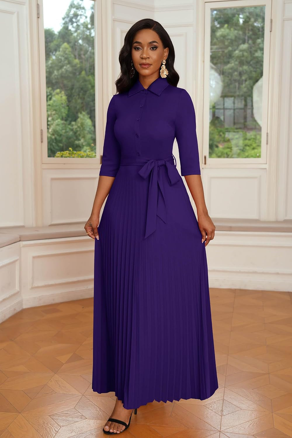 Womens Maxi Dress 3/4 Sleeve Button down Pleated Church Work Dress | Business Casual Lapel Neck Work Dress with Pockets/ Elegant Tie Waist Wedding Guest Dress with Belt/ Solid Color