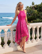 Women Halter Lace Hi Lo Wedding Guest Cocktail Formal Dress | Bridesmaid Wedding Dresses,Sleeveless,Halter Top Neckline,High Low Hem,Elegant a Line Design,Soft Floral Lace Party Dress