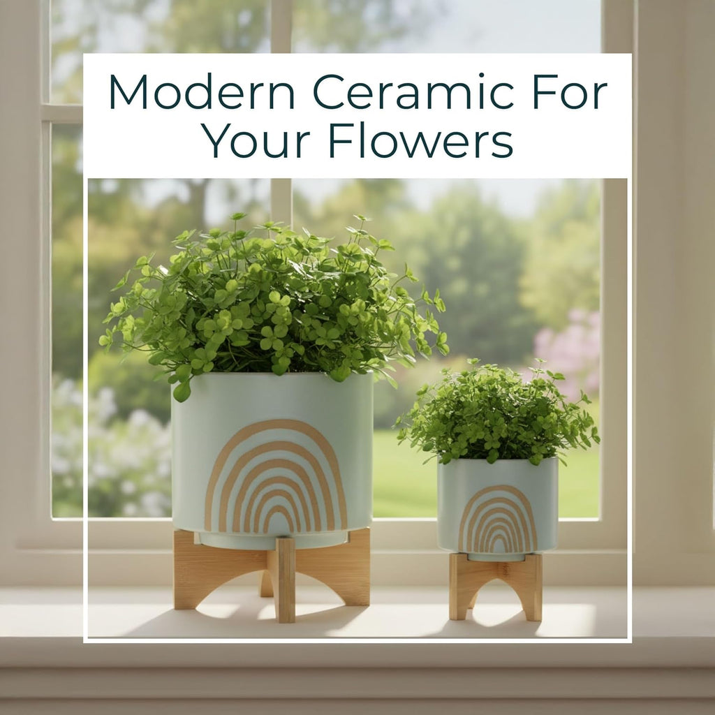 Arch Ceramic Planters with Wooden Stand for Home Decor Flower Pots for Living Room, Entryway, Patio, and Garden - Raised Plant Pots Fo Indoor and Outdoor Plants - Set of 2, 11", 7", Green & Tan