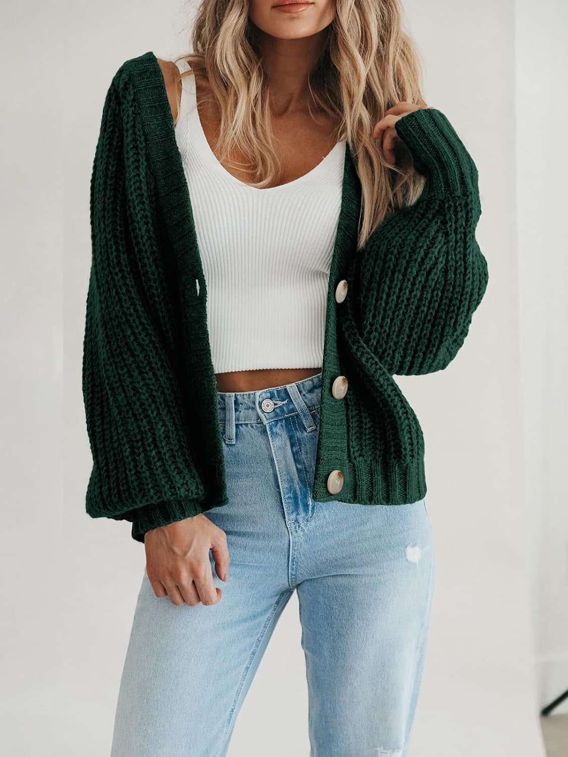 Women'S Chunky Knit Open Front Cardigan Sweaters Fall Outfits | V Neck Button Loose Short Cardigan Outerwear Coats, Slouchy Drop Shoulder Loose Cute Sweaters, Fall Clothes for Work & Office