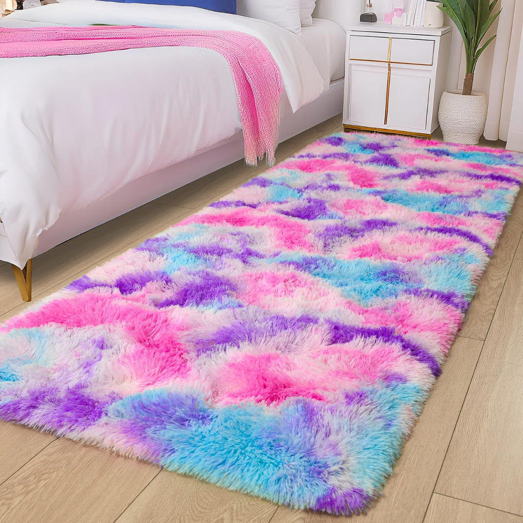 Soft Rainbow Rug for Girls Room, Cute Fluffy Girls Bedroom Rugs, 2X6 Feet Shaggy Princess Rug Colorful Carpet for Kids Teens Toddler Playroom Nursery Reading Nook, Hot Pink