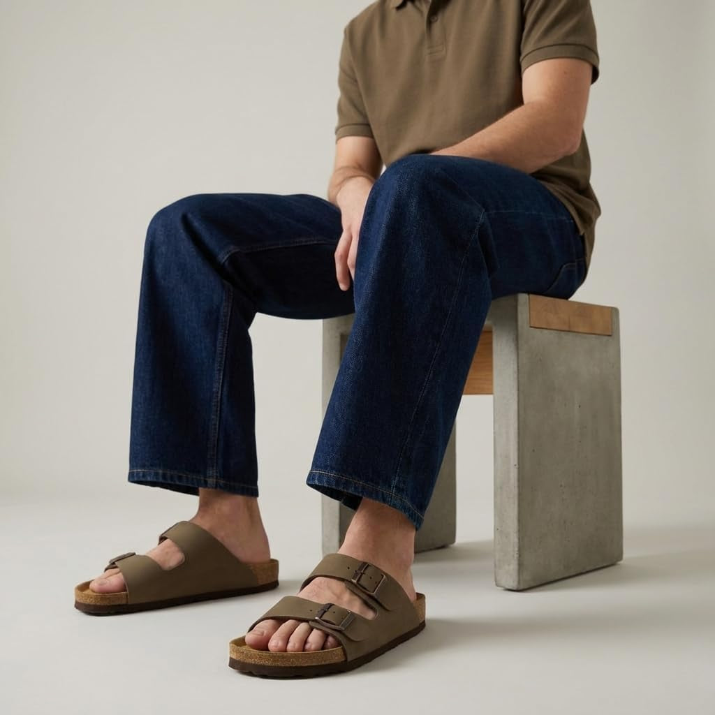 Lane Cork Footbed Mens Sandals, Adjustable Buckle Comfort Slides for Men, Genuine Leather Insole Summer Sandals Men Footwear