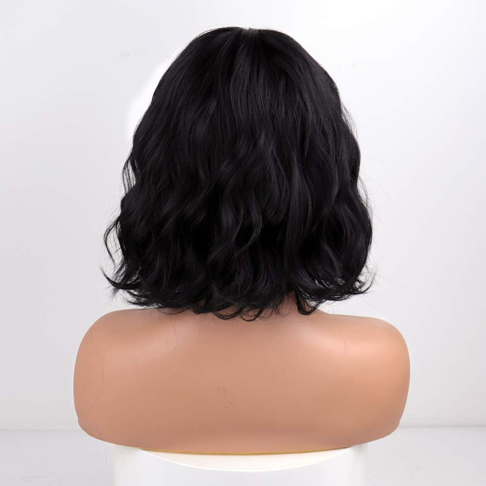 Short Wavy Black Wig with Bangs, Short Black Bob Wigs for Women, Wavy Bob Wig with Bangs Synthetic Natural Looking Heat Resistant Fiber Wigs