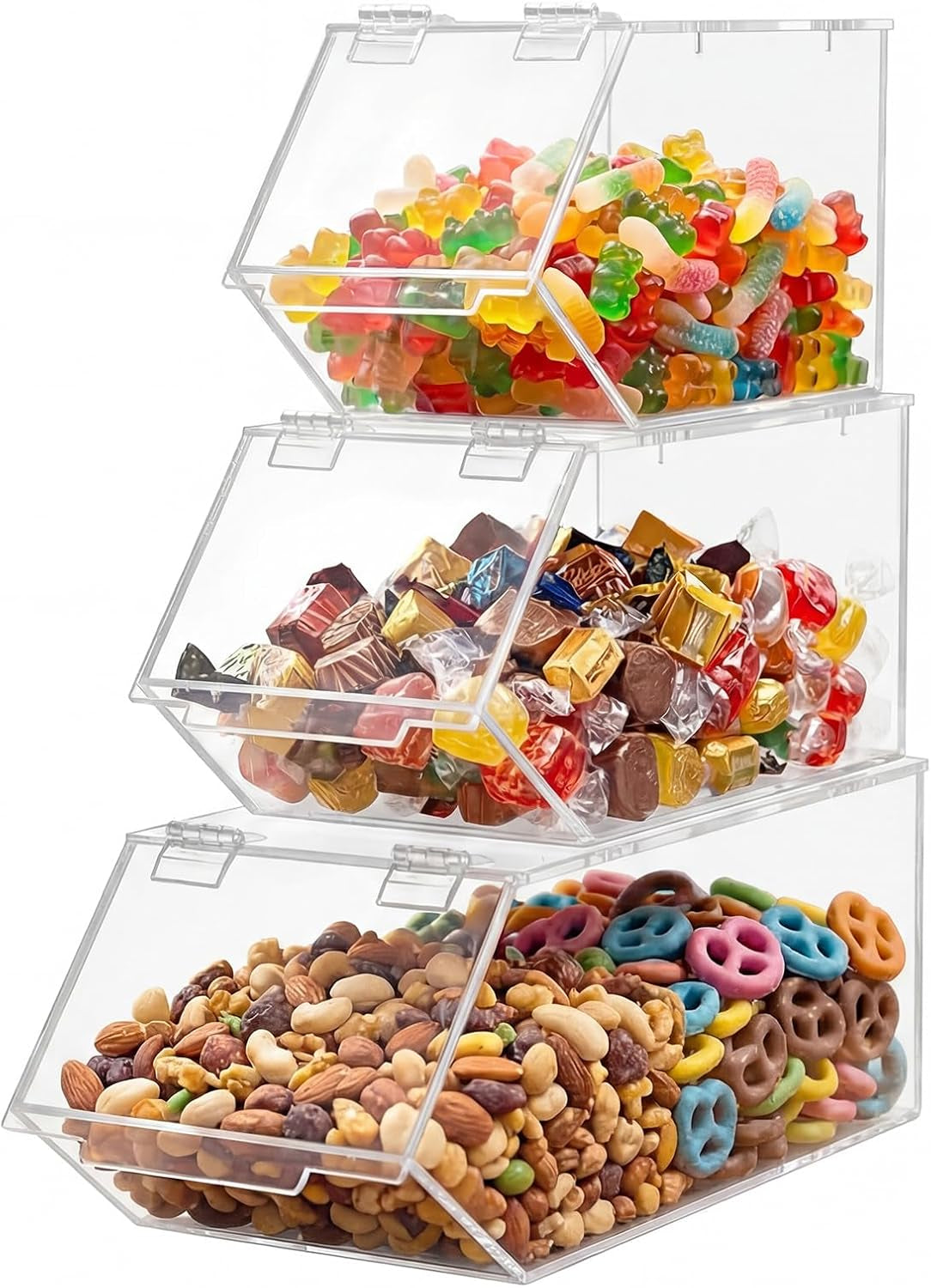 Set of 3 Stackable Candy Bins with Hinged Lid Small Medium Large Clear Acrylic Storage Bins Stackable Pantry Storage Caddys for Cereal Nuts Candies Snack Ice Cream Toppings and Wrapped Snacks
