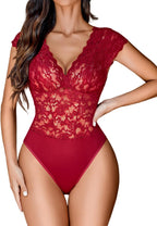 Lace Bodysuits for Women Sexy V Neck Sheer Bodysuit Tops Snap Crotch One Piece Teddy