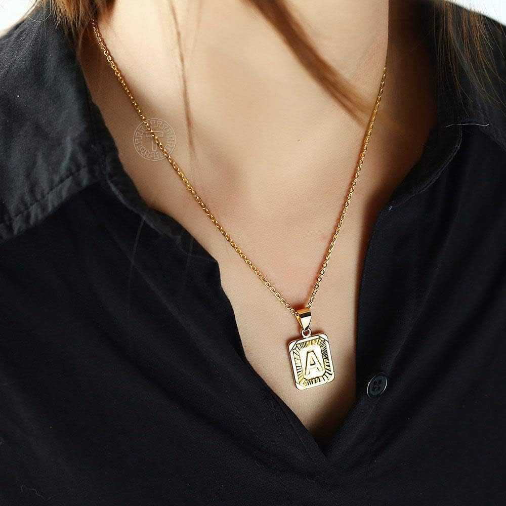 Rectangle Initial Letter Pendant Charm for Mens Womens Gold Plated Capital Letter Pendant Necklace Rolo Chain 18Inch
