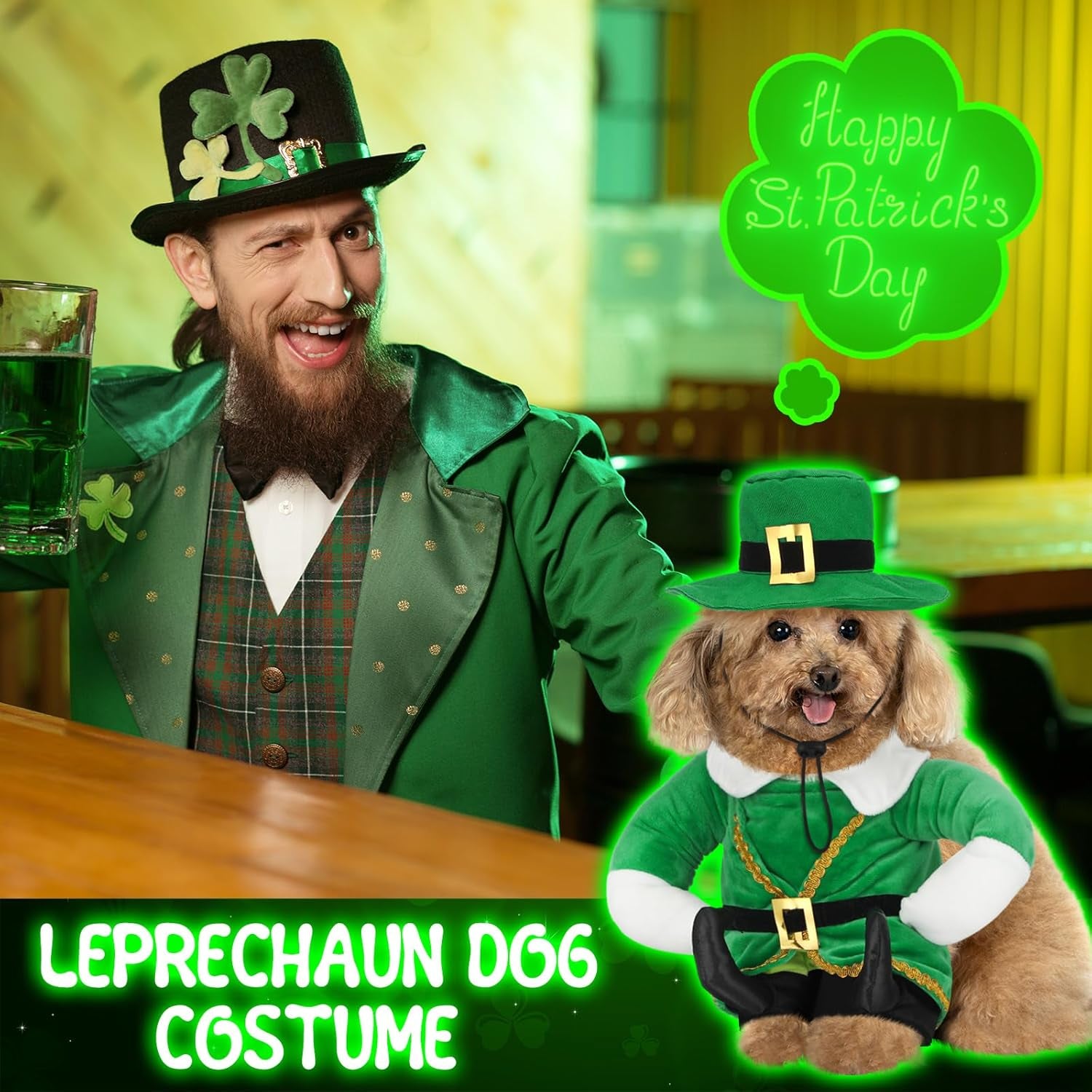St. Patrick'S Day Dog Costume Walking Leprechaun Dog Outfit with Arms Irish Day Holiday Pet Clothes Cosplay Accessories for Cat Doggy Pet(L)