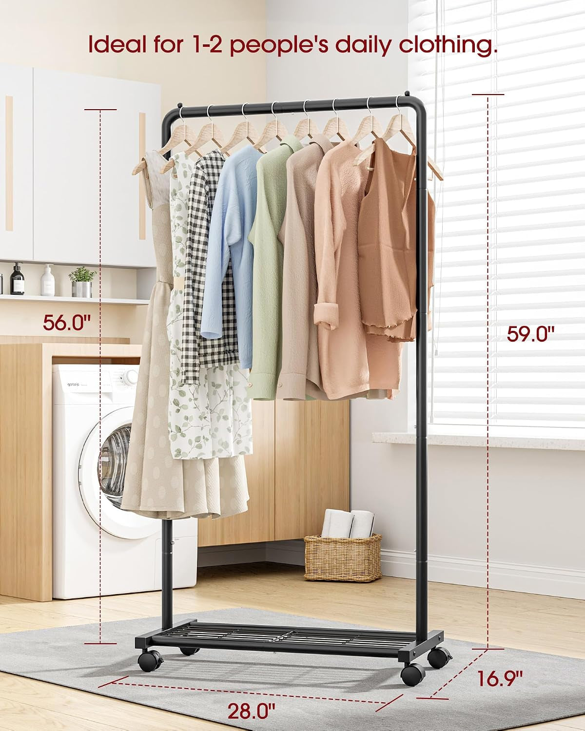 Clothes Rack - Clothing Rack with Storage Mesh Shelf & Casters, Heavy-Duty Metal Clothing Rack for Hanging Clothes, Dresses, Coats, Large Load Capacity, Easy Assembly, Black, 28.0"X16.9"X59.0"