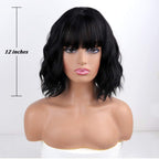 Short Wavy Black Wig with Bangs, Short Black Bob Wigs for Women, Wavy Bob Wig with Bangs Synthetic Natural Looking Heat Resistant Fiber Wigs