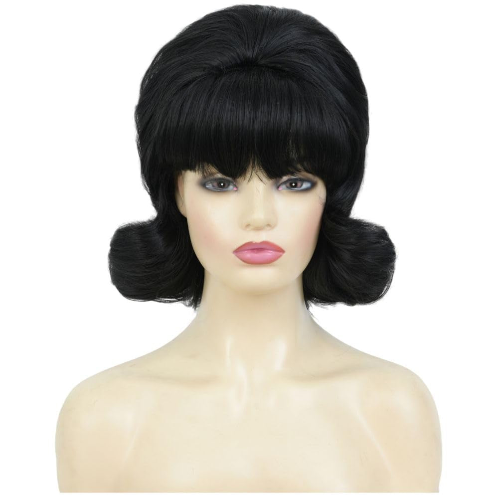 Black Vintage Curly Cosplay Wigs for Women Bouffant Beehive 50S 60S Retro Costume Hair Wig with Bangs for Halloween Party Use