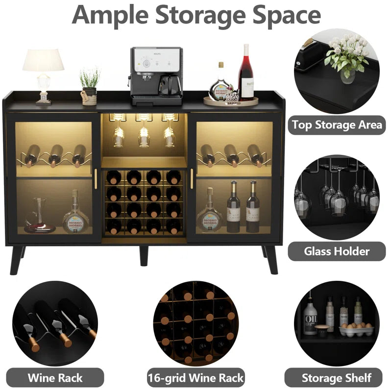 Ermo Wine Bar Cabinet with Led Light, Home Coffee Cabinet with Wine and Glass Rack